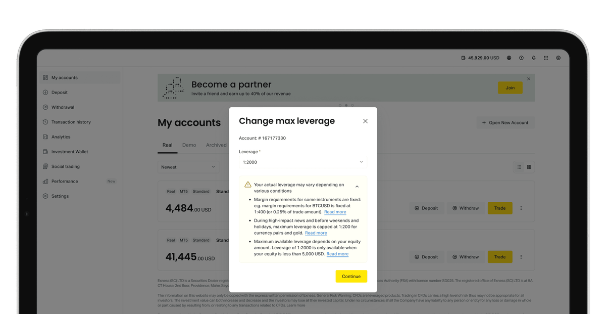 Change the maximum trading leverage in your InvestCryptoHub Personal Area.